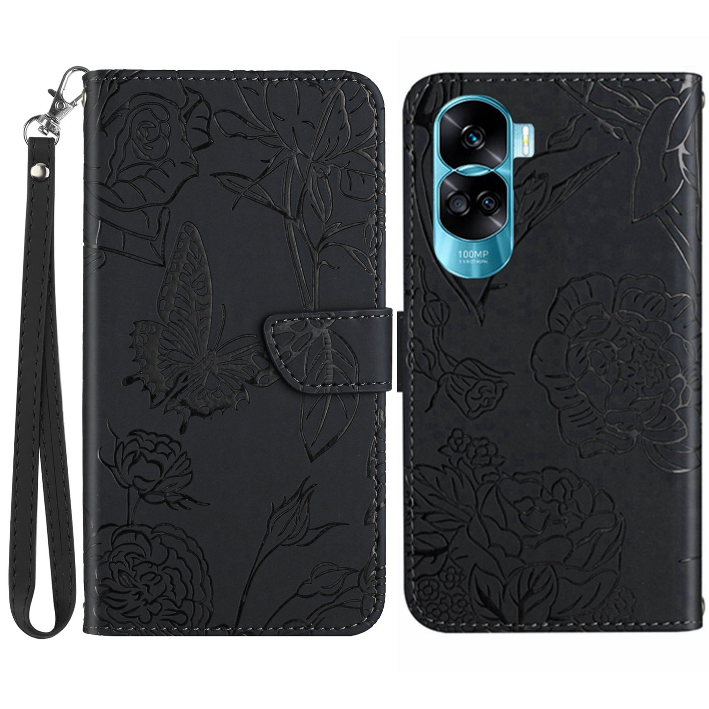 HT03 For Honor 90 Lite 5G / X50i 5G Phone Wallet Case PU Leather Imprinted Butterfly Flowers Stand Cover with Hand Strap