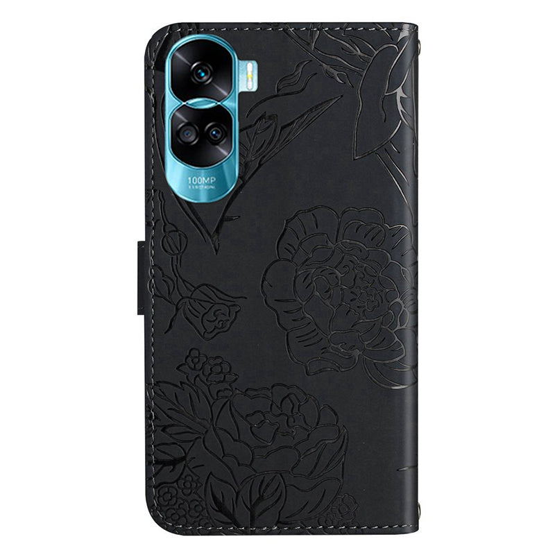 HT03 For Honor 90 Lite 5G / X50i 5G Phone Wallet Case PU Leather Imprinted Butterfly Flowers Stand Cover with Hand Strap