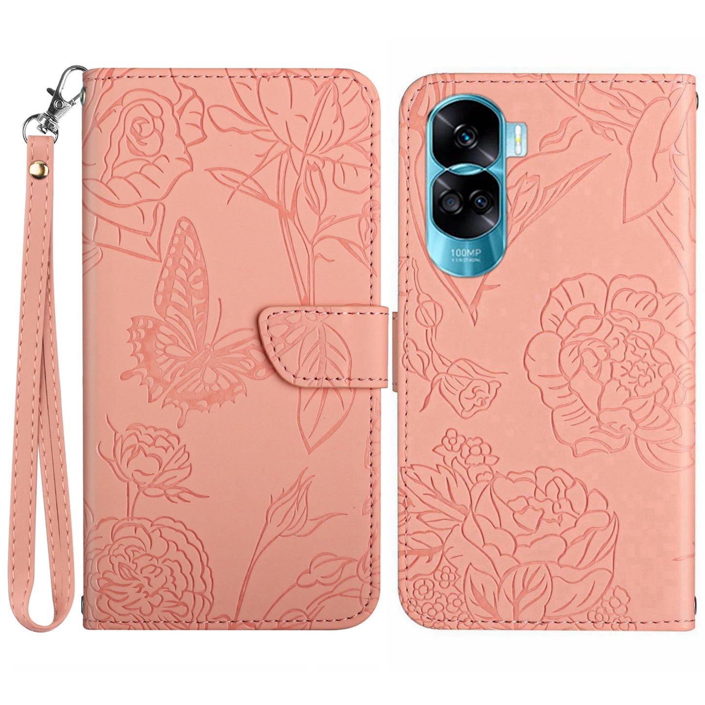 HT03 For Honor 90 Lite 5G / X50i 5G Phone Wallet Case PU Leather Imprinted Butterfly Flowers Stand Cover with Hand Strap