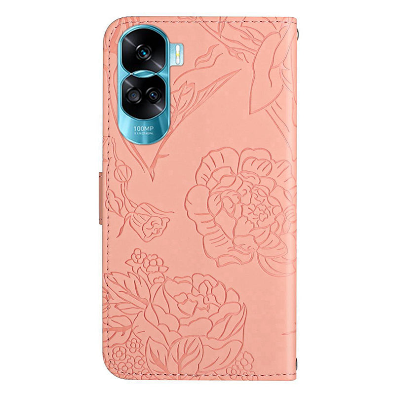 HT03 For Honor 90 Lite 5G / X50i 5G Phone Wallet Case PU Leather Imprinted Butterfly Flowers Stand Cover with Hand Strap