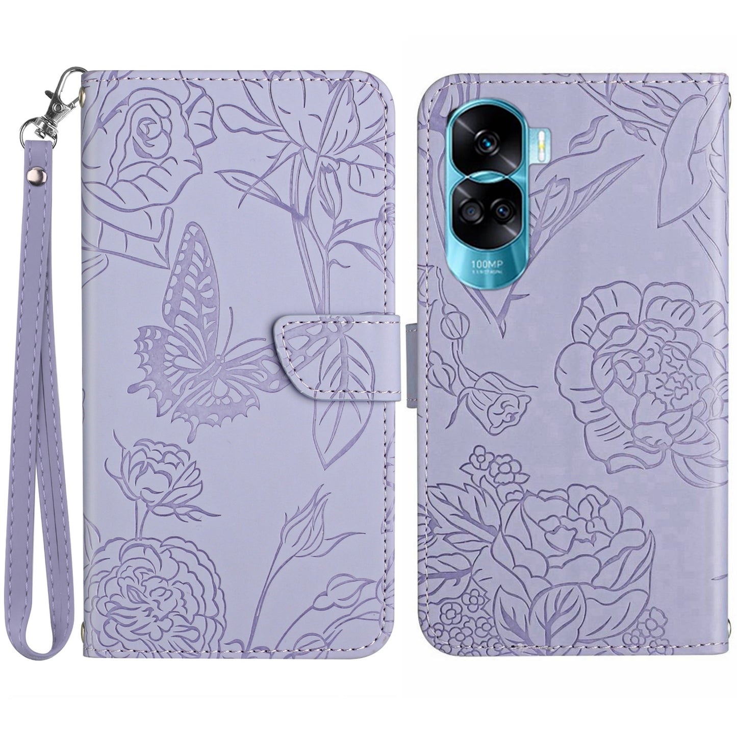 HT03 For Honor 90 Lite 5G / X50i 5G Phone Wallet Case PU Leather Imprinted Butterfly Flowers Stand Cover with Hand Strap
