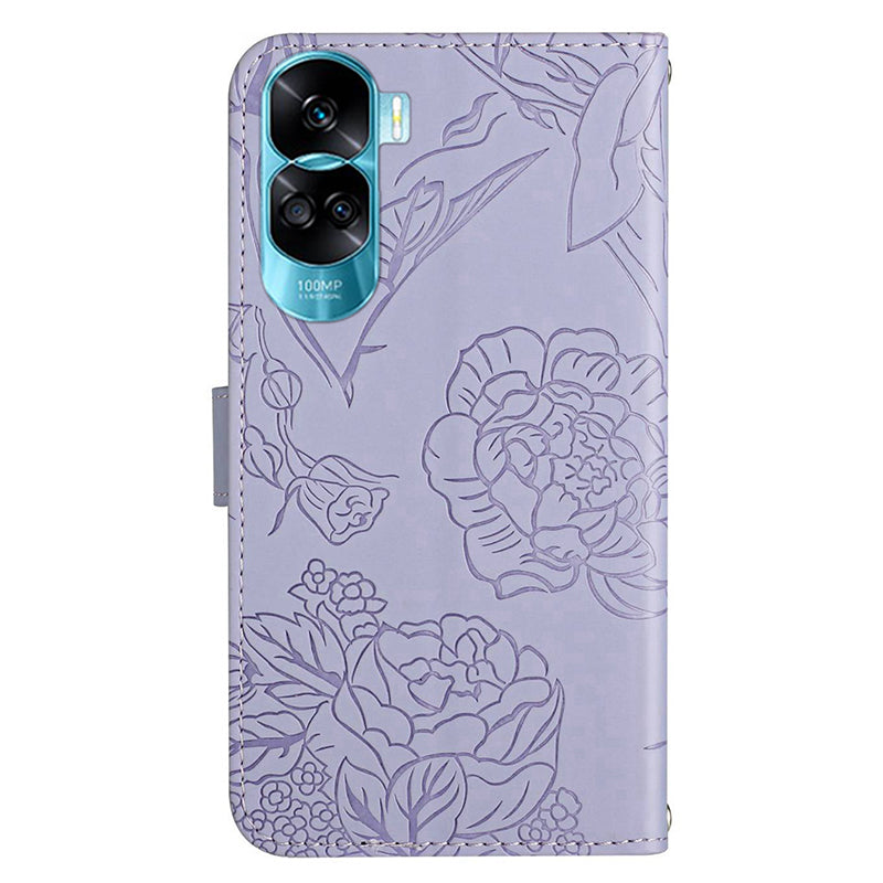 HT03 For Honor 90 Lite 5G / X50i 5G Phone Wallet Case PU Leather Imprinted Butterfly Flowers Stand Cover with Hand Strap
