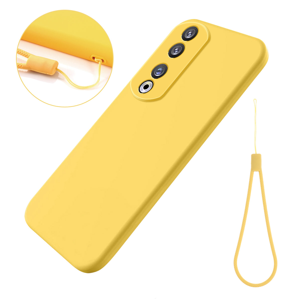 For Honor 90 Pro Liquid Silicone Phone Cover Soft Lining Protective Case with Strap
