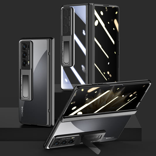 For Honor Magic V2 5G Hinge Protection Kickstand Cover Clear PC Electroplating Phone Case with Privacy Tempered Glass Film