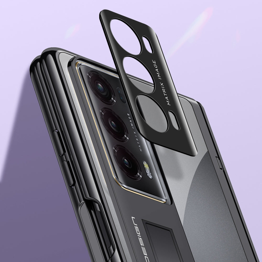 For Honor Magic V2 5G Hinge Protection Kickstand Cover Clear PC Electroplating Phone Case with Privacy Tempered Glass Film