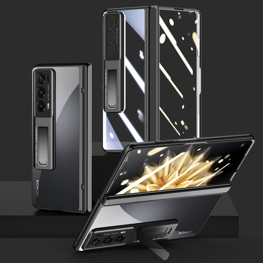 For Honor Magic V2 5G Clear PC Phone Case Hinge Protection Electroplating Kickstand Cover with HD Tempered Glass Film