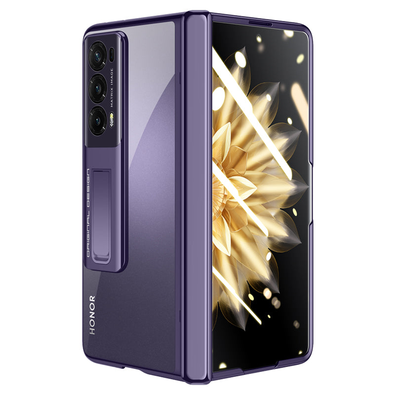 For Honor Magic V2 5G Clear PC Phone Case Hinge Protection Electroplating Kickstand Cover with HD Tempered Glass Film