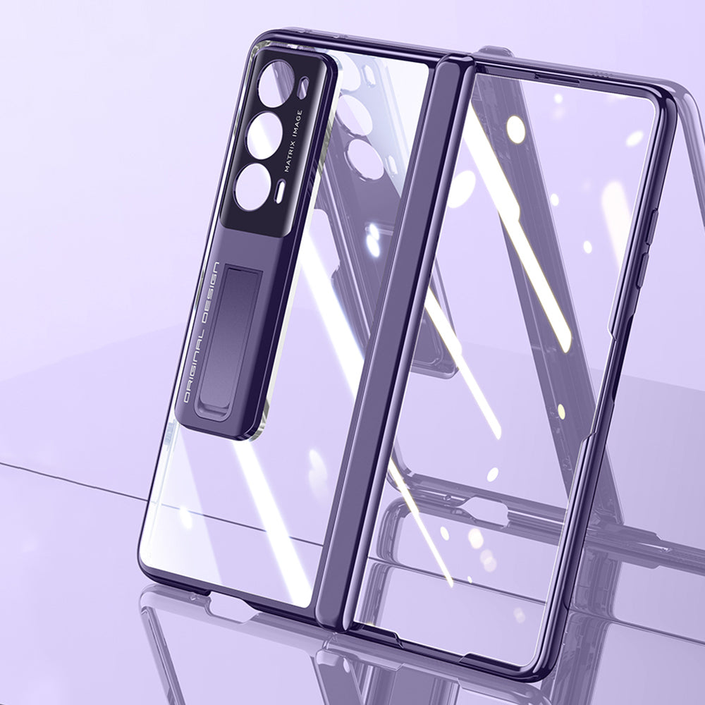 For Honor Magic V2 5G Clear PC Phone Case Hinge Protection Electroplating Kickstand Cover with HD Tempered Glass Film