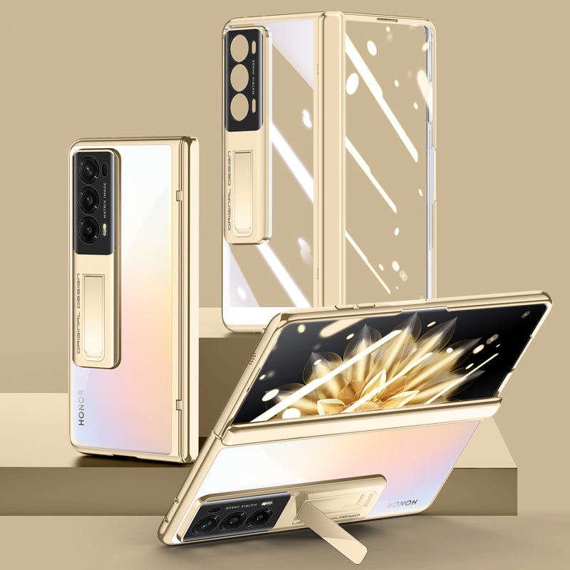 For Honor Magic V2 5G Clear PC Phone Case Hinge Protection Electroplating Kickstand Cover with HD Tempered Glass Film