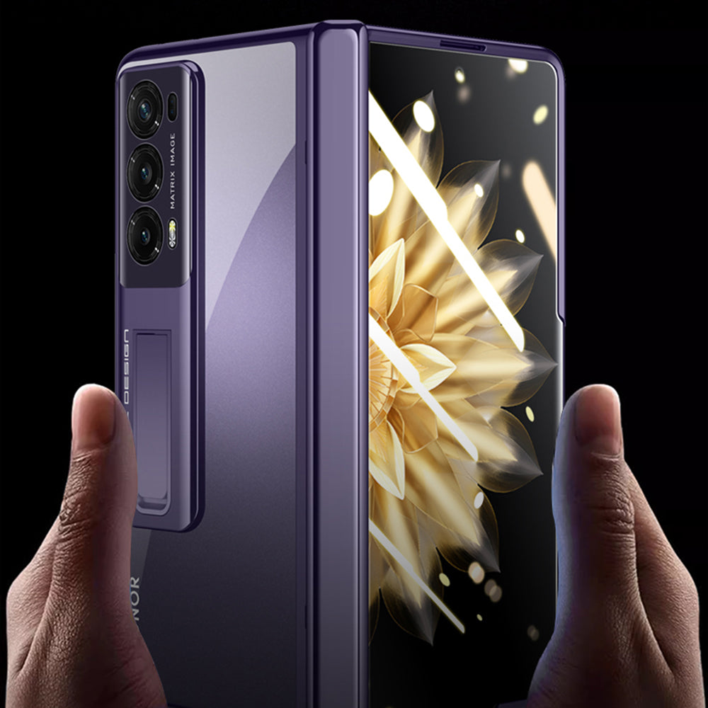 For Honor Magic V2 5G Clear PC Phone Case Hinge Protection Electroplating Kickstand Cover with HD Tempered Glass Film