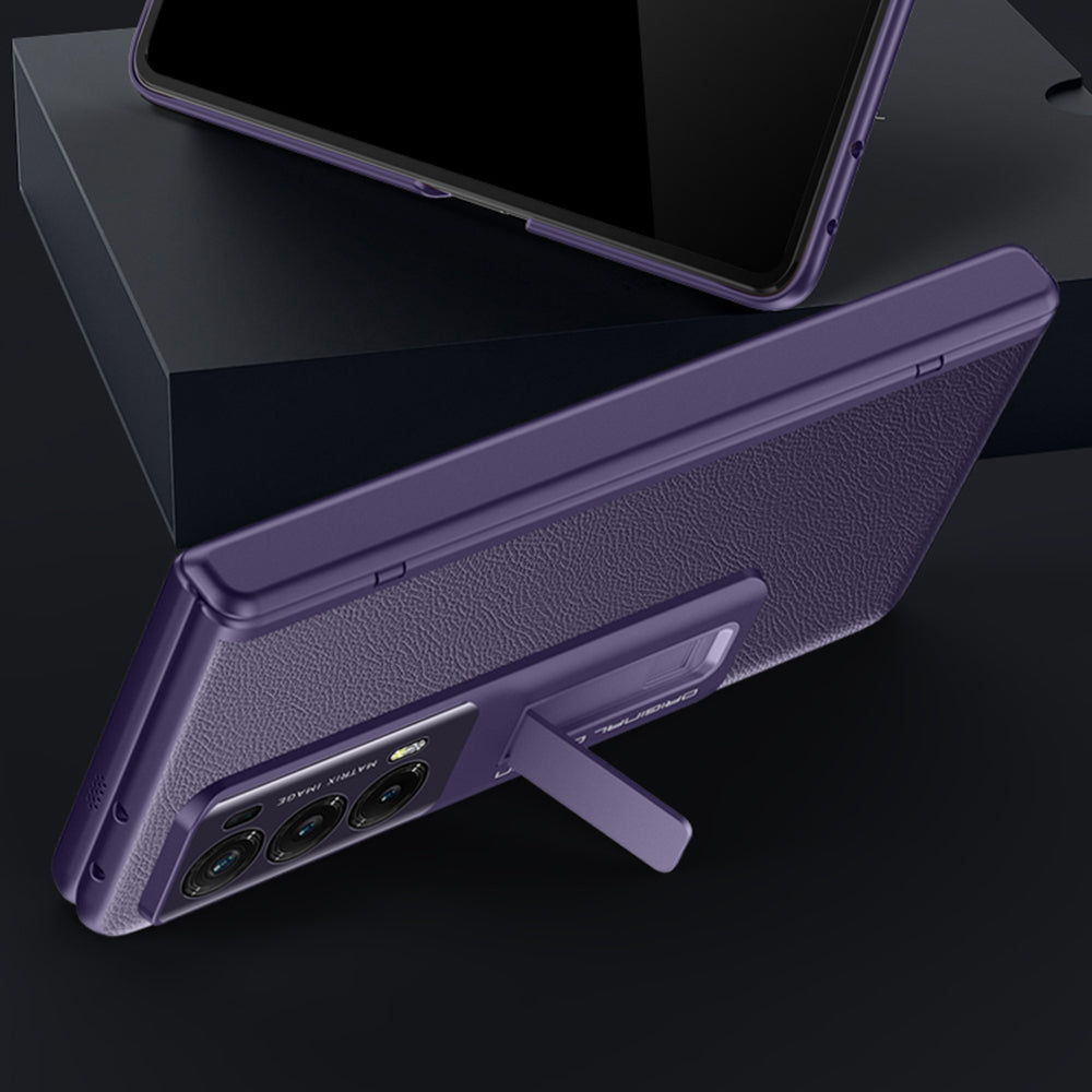 For Honor Magic V2 5G PU Leather Coated PC Skin-touch Case Hinge Protection Kickstand Phone Cover with Privacy Tempered Glass Film