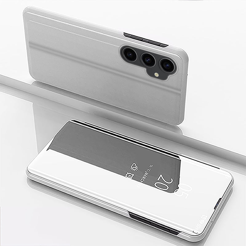 Mirror Surface Shell for Samsung Galaxy S23 FE , Electroplating View Window PU Leather Case Phone Stand Cover