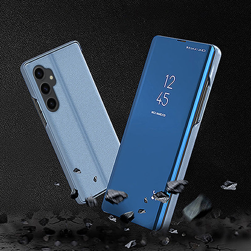 Mirror Surface Shell for Samsung Galaxy S23 FE , Electroplating View Window PU Leather Case Phone Stand Cover