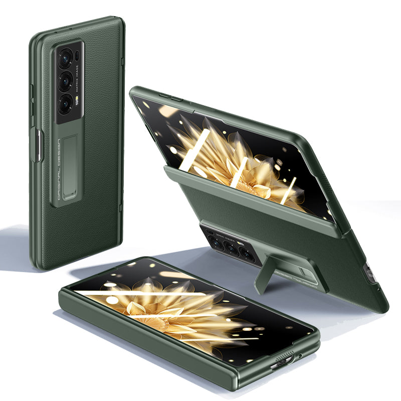 For Honor Magic V2 5G PU Leather + PC Kickstand Phone Case Hinge Protection Skin-touch Cover with Clear Tempered Glass Film