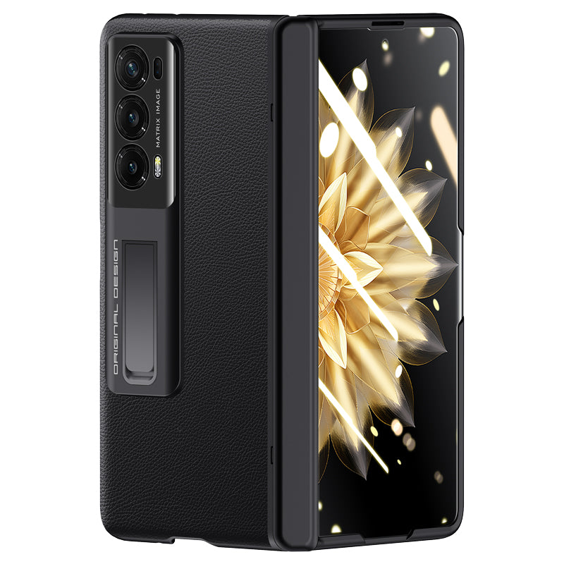 For Honor Magic V2 5G PU Leather + PC Kickstand Phone Case Hinge Protection Skin-touch Cover with Clear Tempered Glass Film