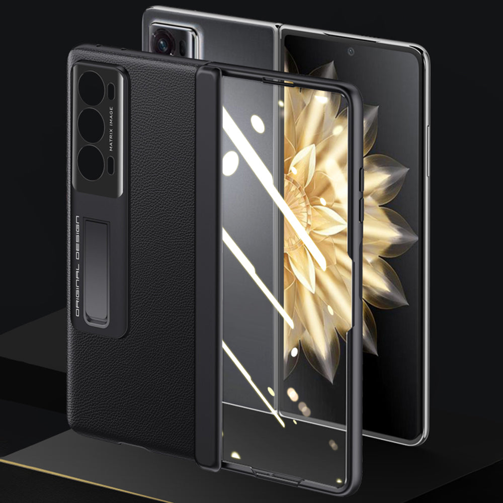 For Honor Magic V2 5G PU Leather + PC Kickstand Phone Case Hinge Protection Skin-touch Cover with Clear Tempered Glass Film