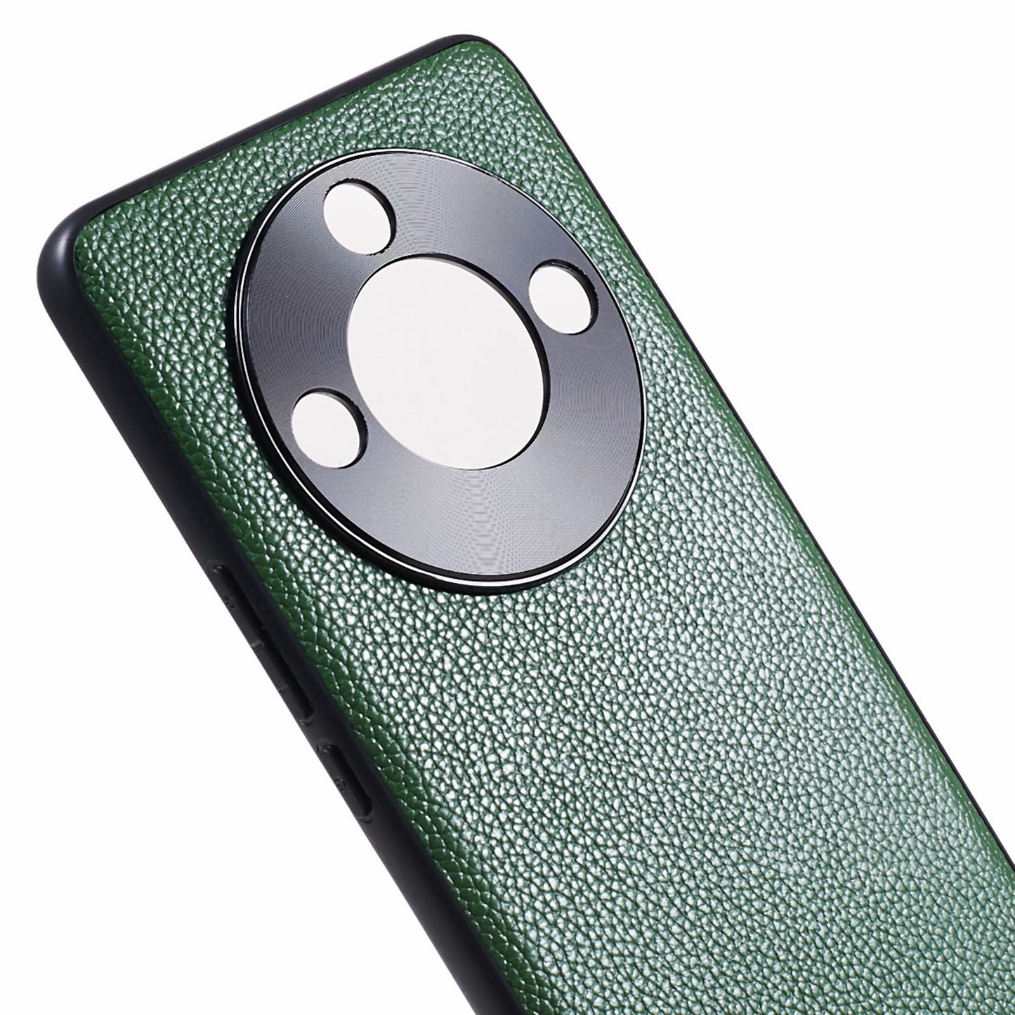 For Honor X50 Genuine Cow Leather Coated PC+TPU Case Metal Camera Frame Litchi Texture Phone Cover