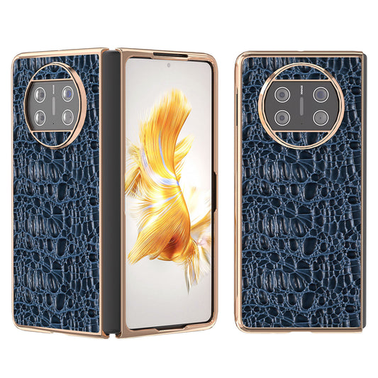 For Huawei Mate X3 5G Electroplating Phone Case Genuine Cow Leather Coated PC Canopy Texture Anti-Fall Cover