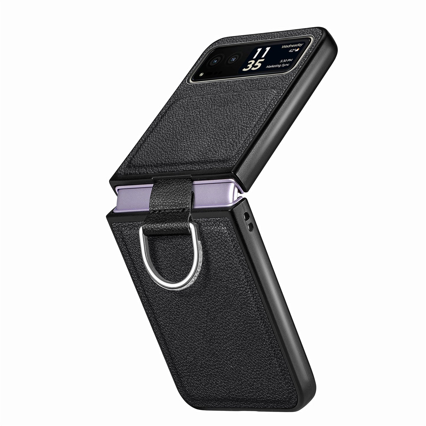 Finger Ring Holder Phone Case for Motorola Razr 40 5G , Litchi Texture Leather Coated PC Cover