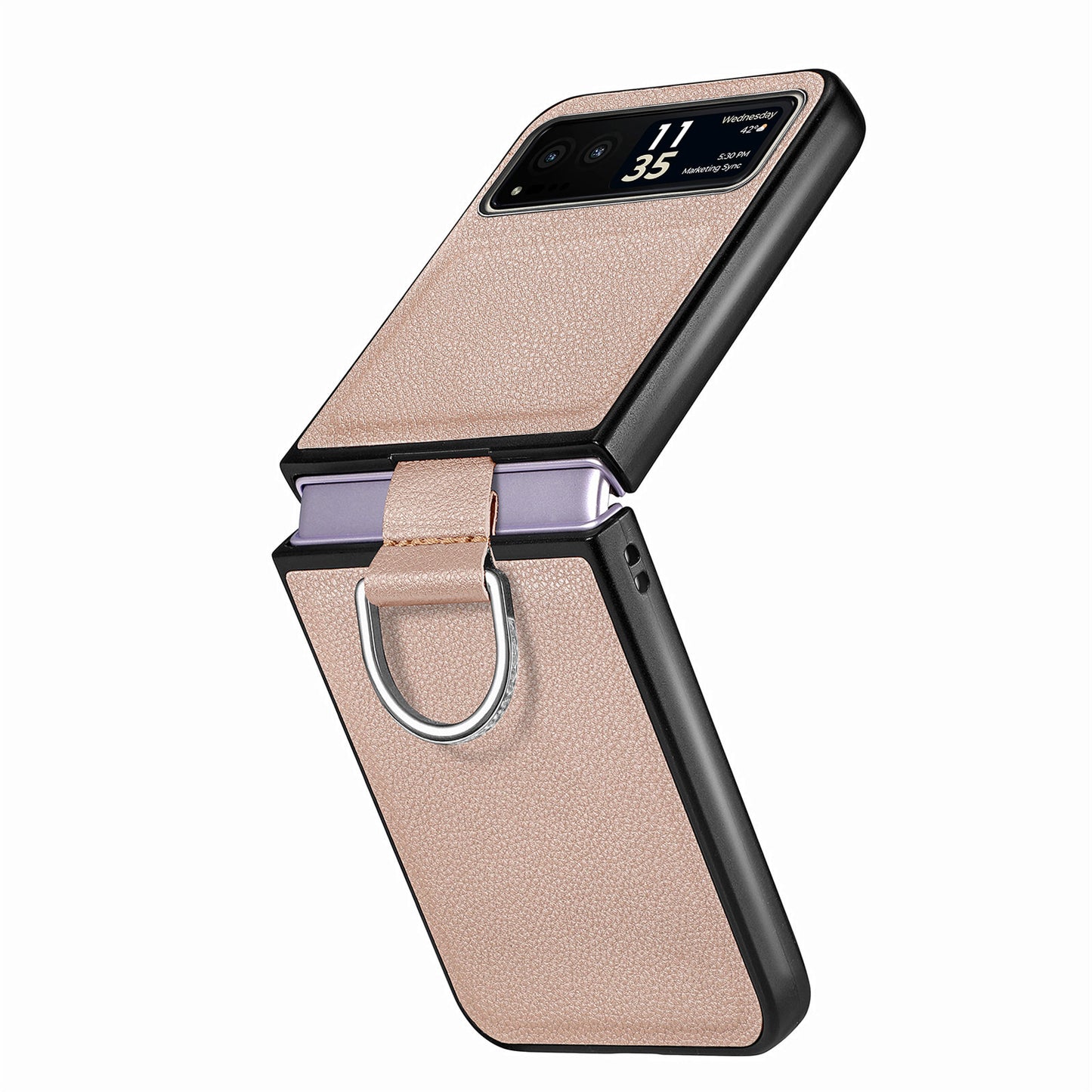 Finger Ring Holder Phone Case for Motorola Razr 40 5G , Litchi Texture Leather Coated PC Cover