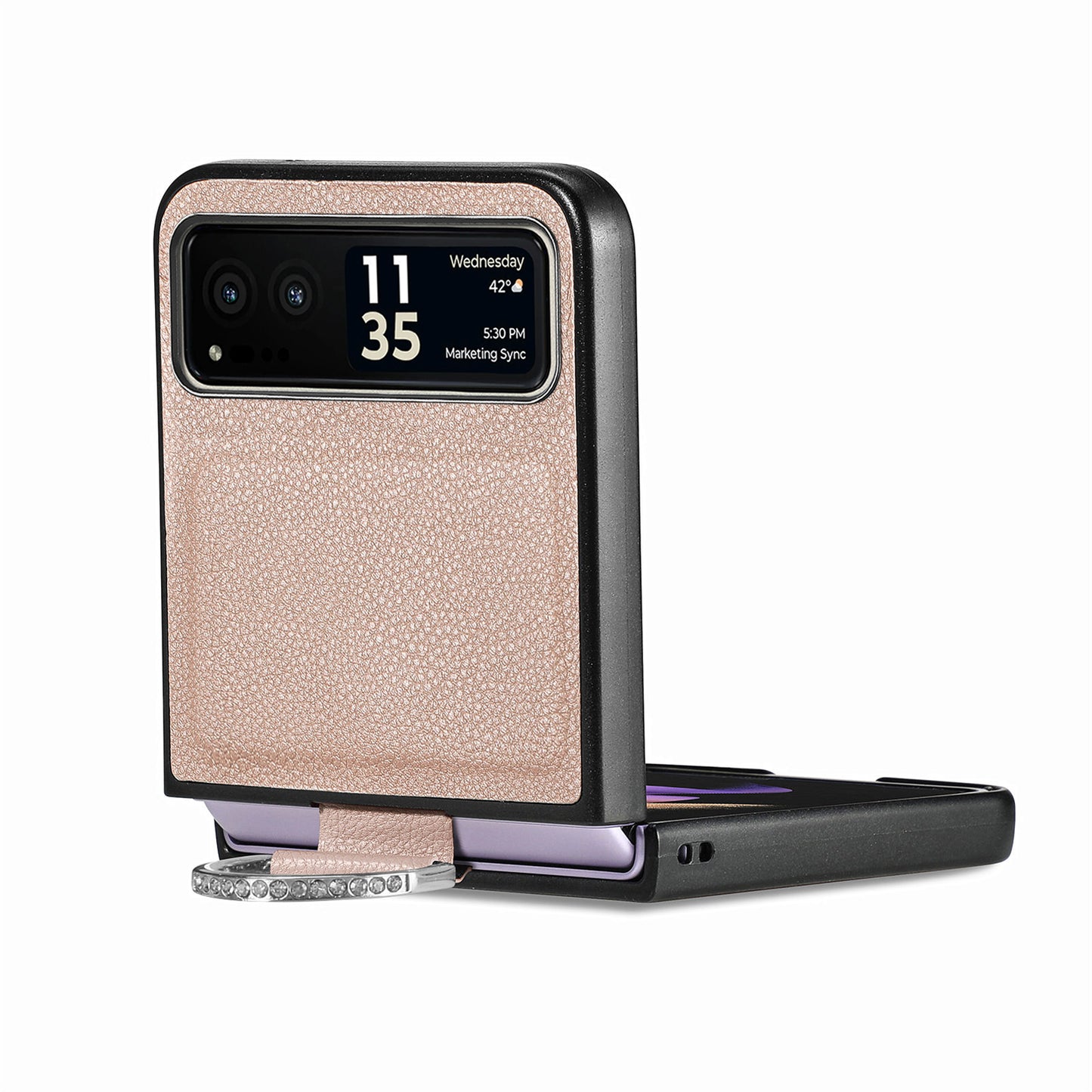 Finger Ring Holder Phone Case for Motorola Razr 40 5G , Litchi Texture Leather Coated PC Cover