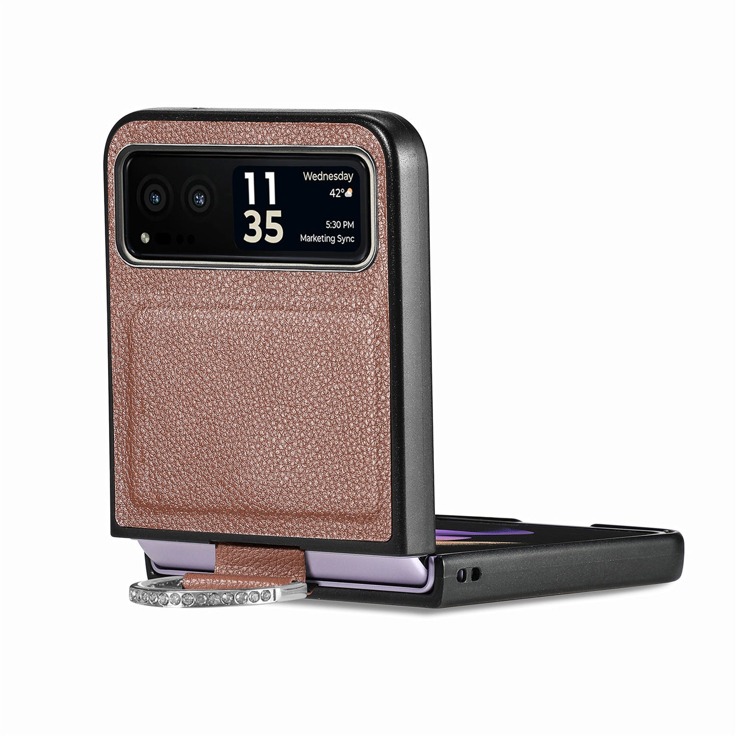 Finger Ring Holder Phone Case for Motorola Razr 40 5G , Litchi Texture Leather Coated PC Cover