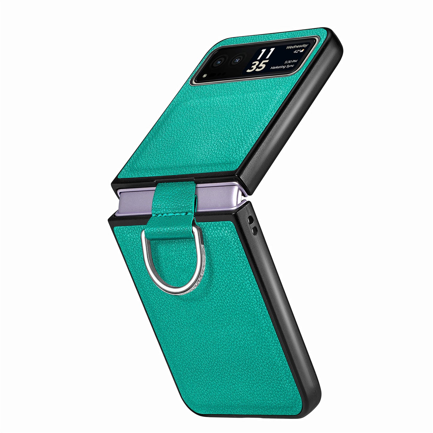 Finger Ring Holder Phone Case for Motorola Razr 40 5G , Litchi Texture Leather Coated PC Cover