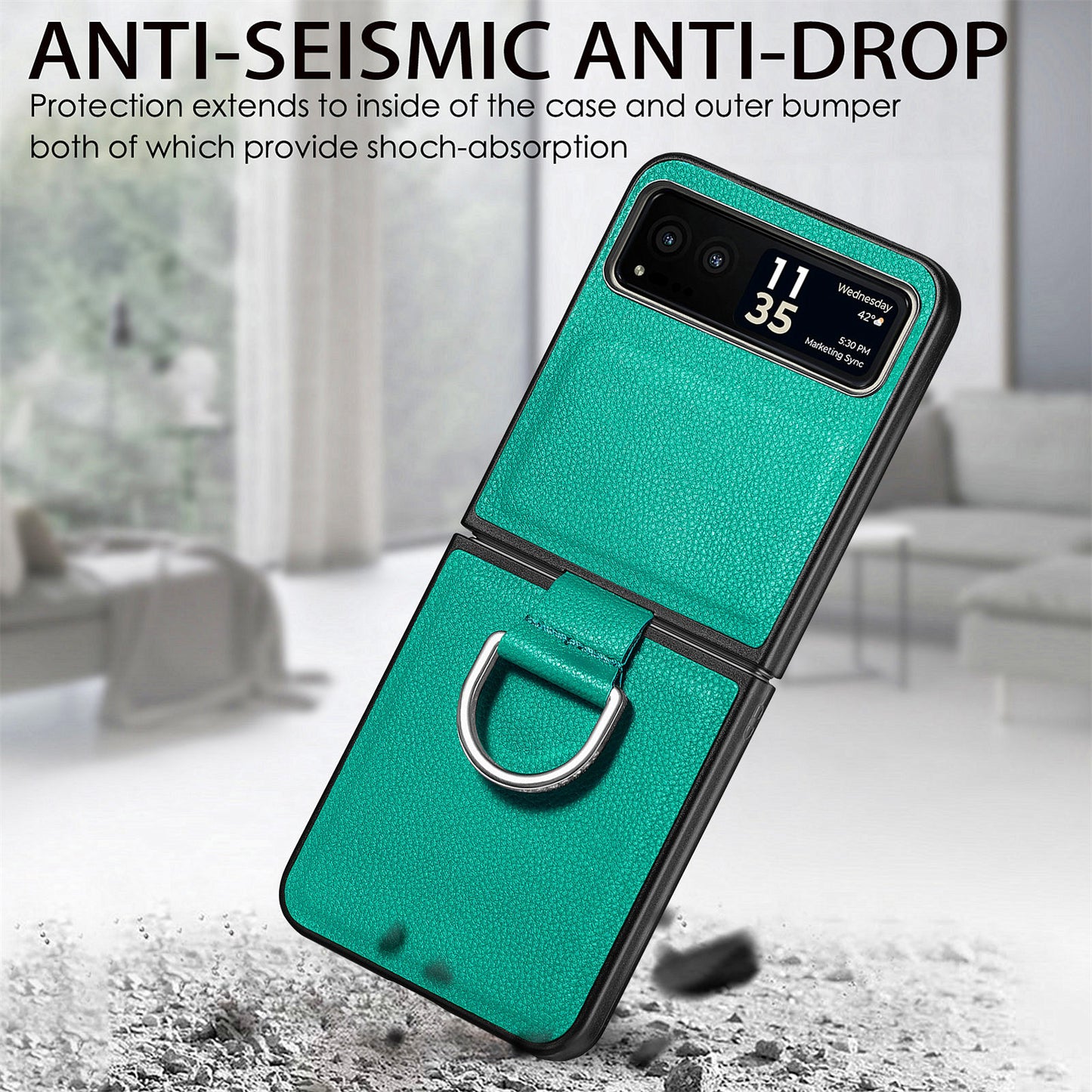 Finger Ring Holder Phone Case for Motorola Razr 40 5G , Litchi Texture Leather Coated PC Cover
