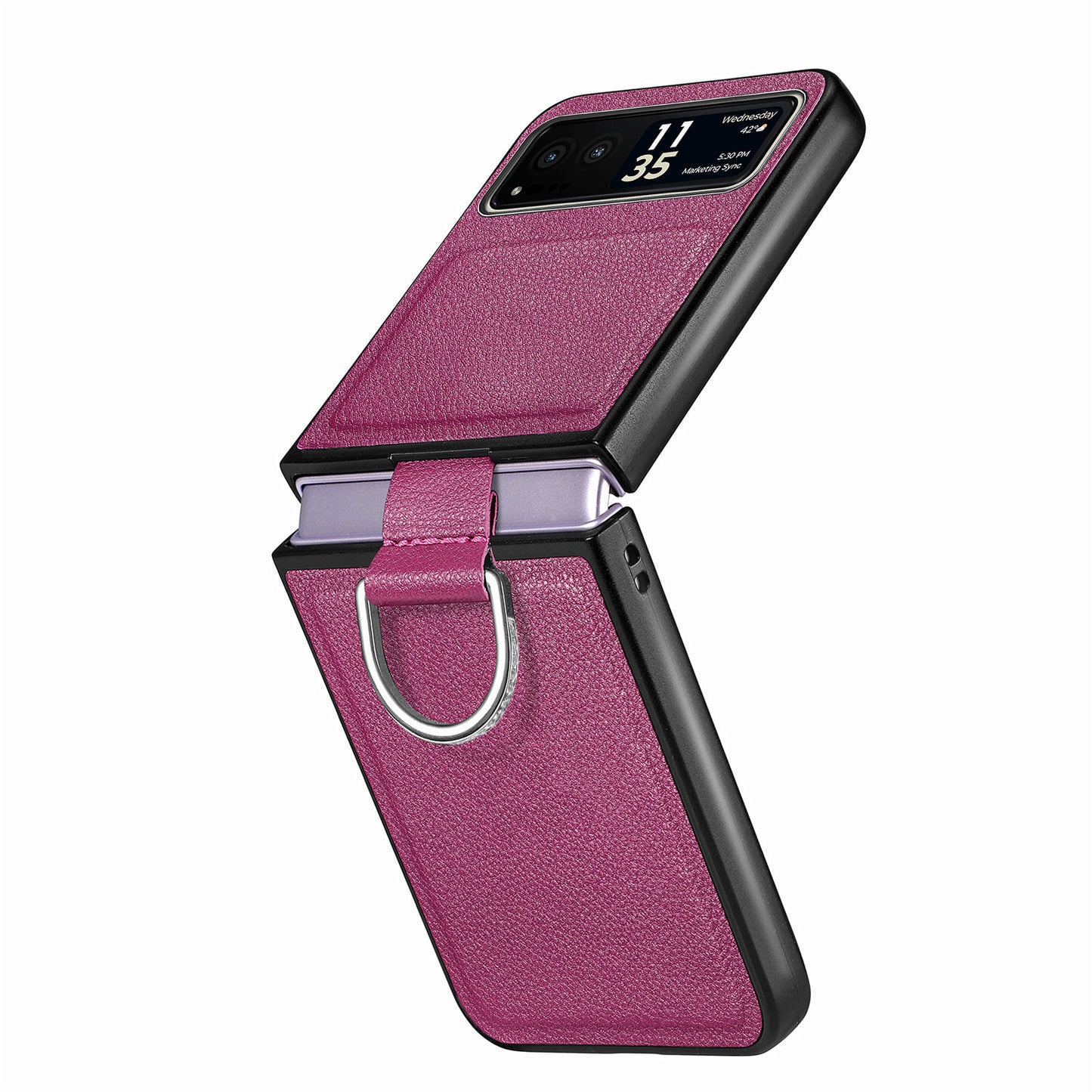 Finger Ring Holder Phone Case for Motorola Razr 40 5G , Litchi Texture Leather Coated PC Cover
