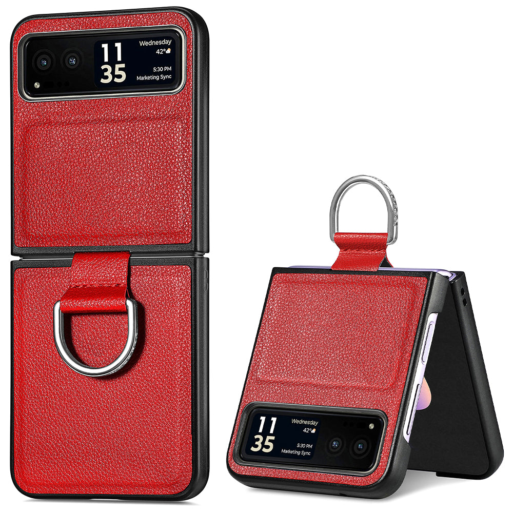 Finger Ring Holder Phone Case for Motorola Razr 40 5G , Litchi Texture Leather Coated PC Cover