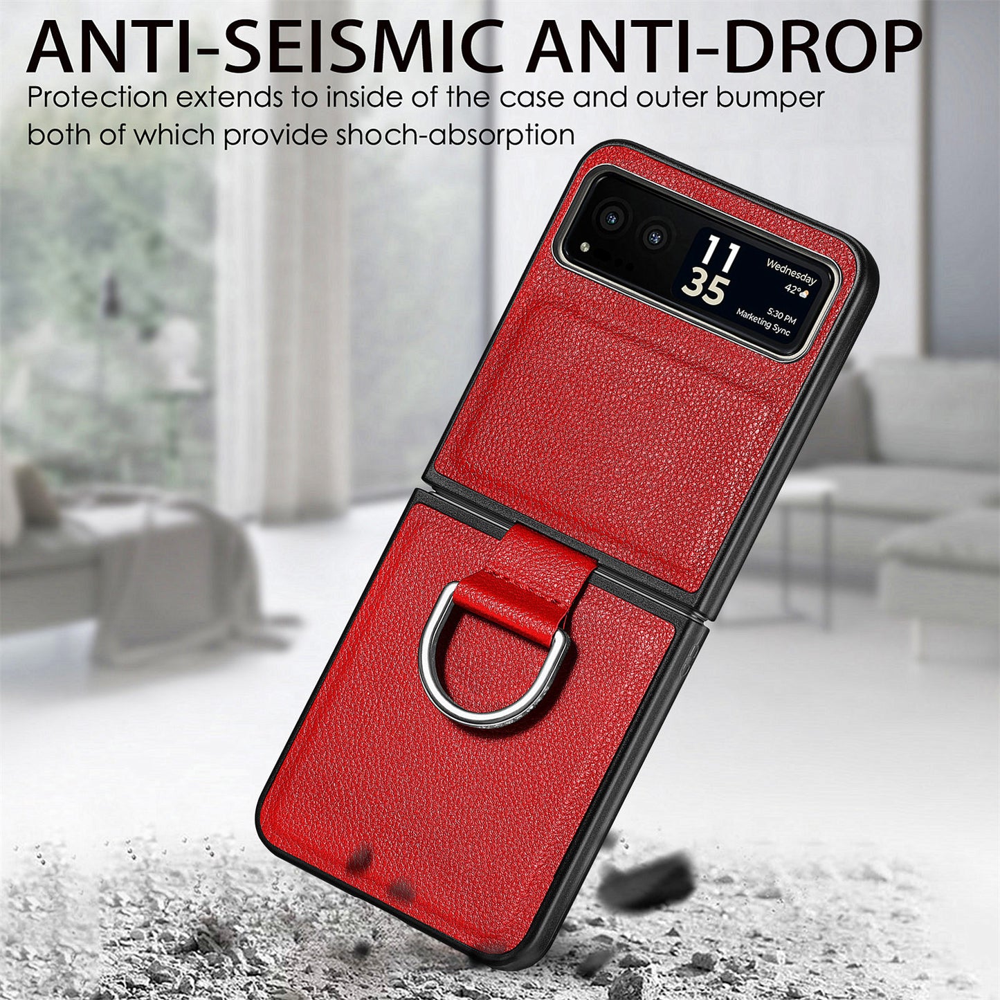 Finger Ring Holder Phone Case for Motorola Razr 40 5G , Litchi Texture Leather Coated PC Cover