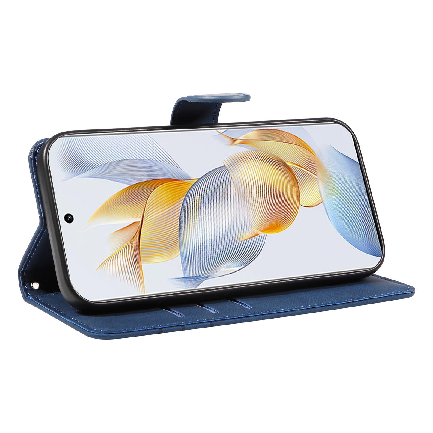 For Honor 90 Anti-Scratch PU Leather Shell Imprinted Curved Line Wallet Stand Cell Phone Case