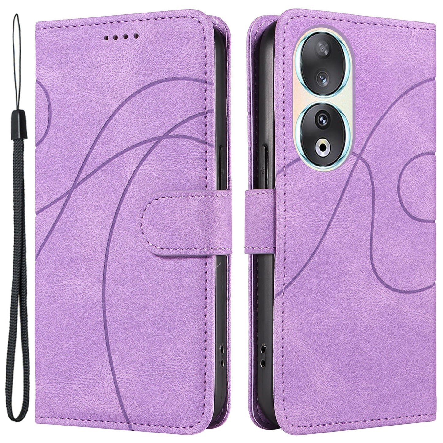 For Honor 90 Anti-Scratch PU Leather Shell Imprinted Curved Line Wallet Stand Cell Phone Case