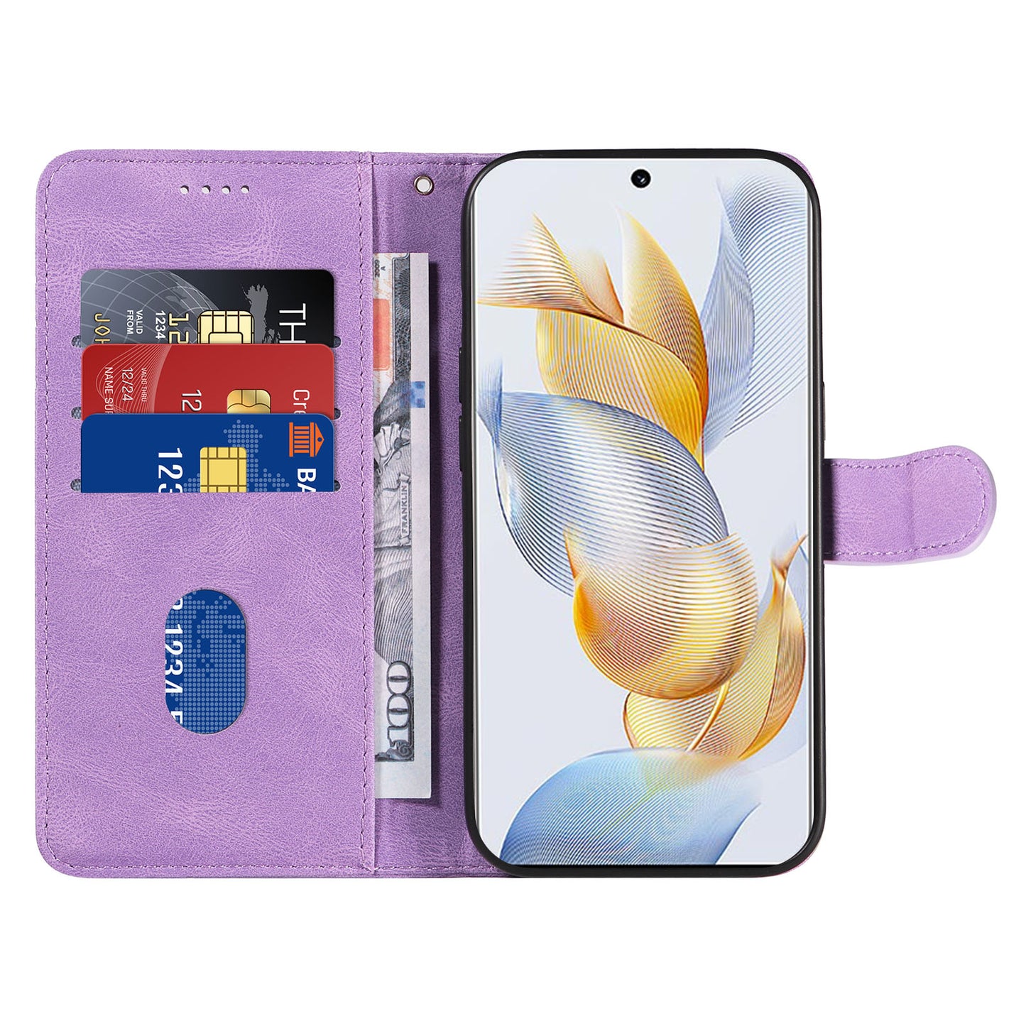 For Honor 90 Anti-Scratch PU Leather Shell Imprinted Curved Line Wallet Stand Cell Phone Case