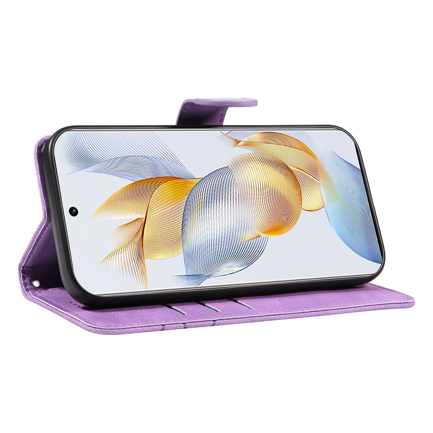For Honor 90 Anti-Scratch PU Leather Shell Imprinted Curved Line Wallet Stand Cell Phone Case
