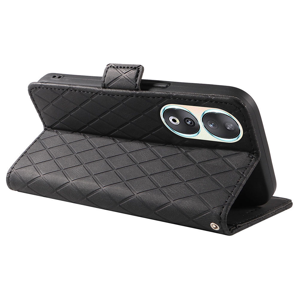 For Honor 90 Splicing PU Leather Phone Case Rhombus Imprinted Flip Stand Wallet Cover