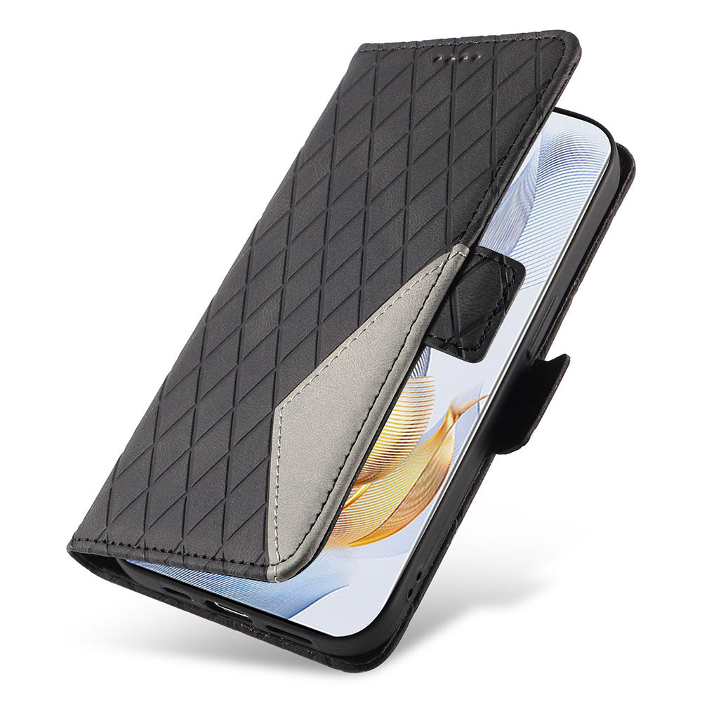 For Honor 90 Splicing PU Leather Phone Case Rhombus Imprinted Flip Stand Wallet Cover