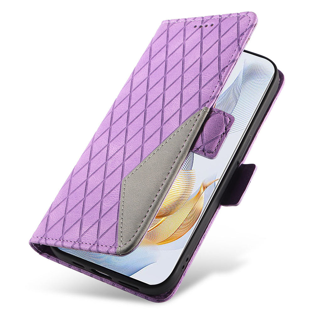 For Honor 90 Splicing PU Leather Phone Case Rhombus Imprinted Flip Stand Wallet Cover