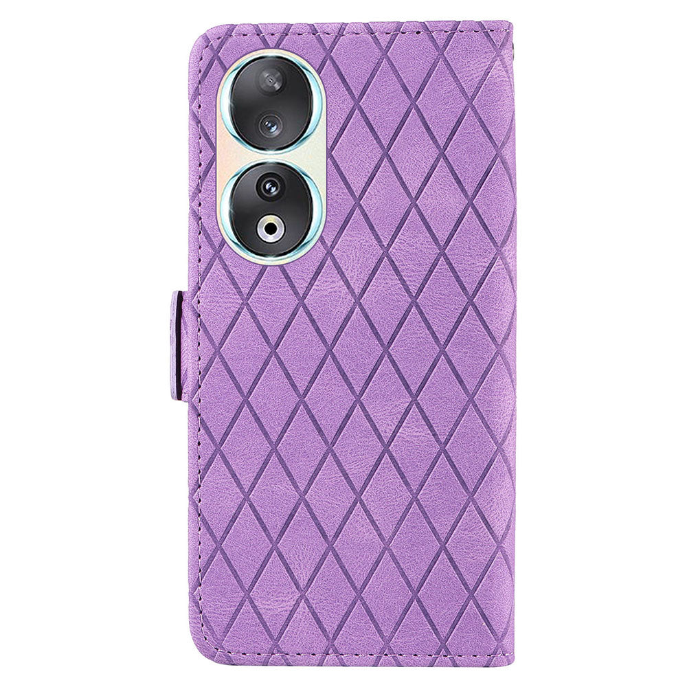 For Honor 90 Splicing PU Leather Phone Case Rhombus Imprinted Flip Stand Wallet Cover