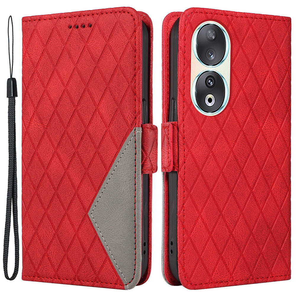 For Honor 90 Splicing PU Leather Phone Case Rhombus Imprinted Flip Stand Wallet Cover