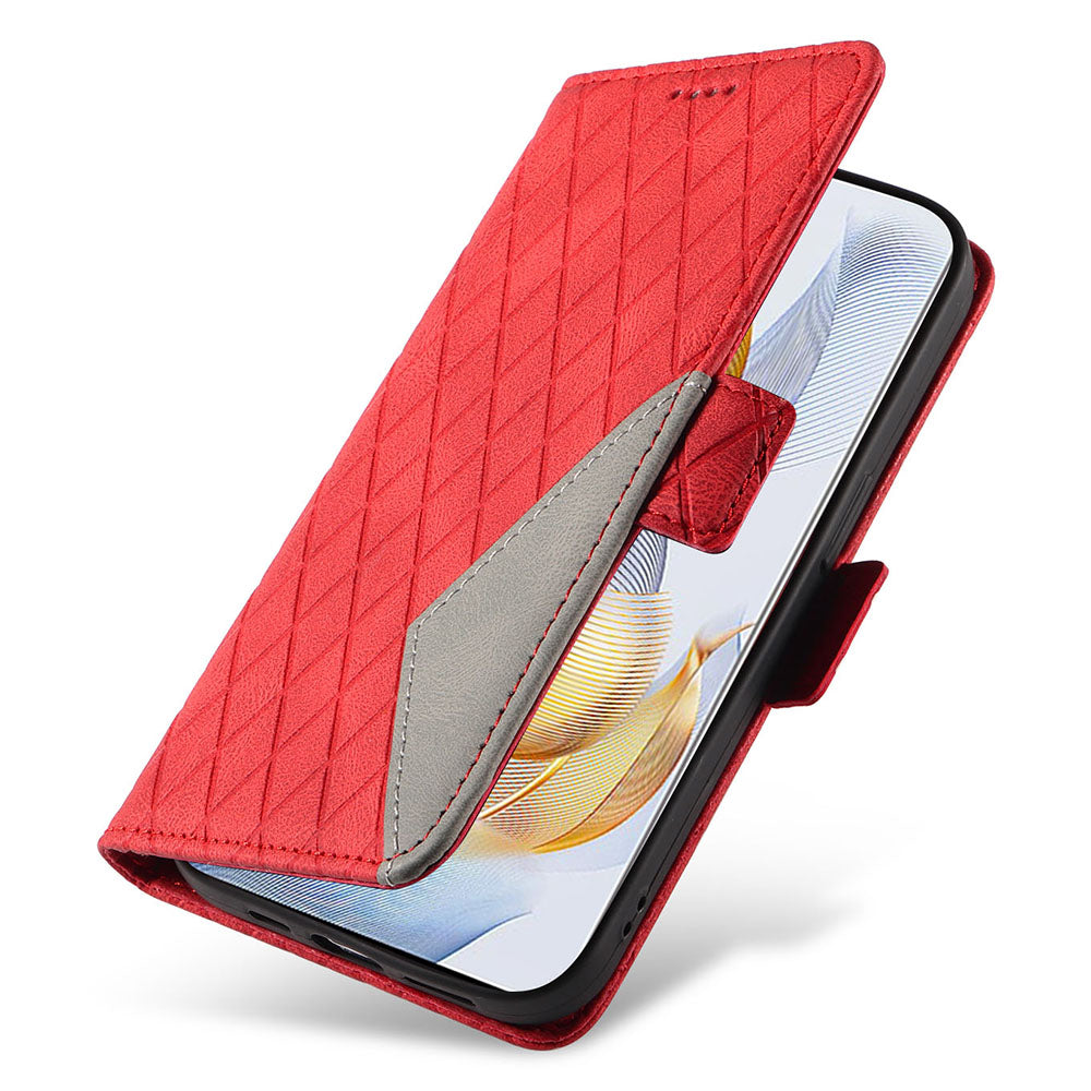 For Honor 90 Splicing PU Leather Phone Case Rhombus Imprinted Flip Stand Wallet Cover