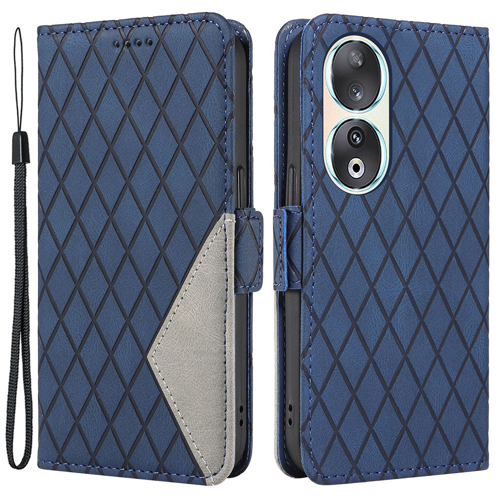 For Honor 90 Splicing PU Leather Phone Case Rhombus Imprinted Flip Stand Wallet Cover