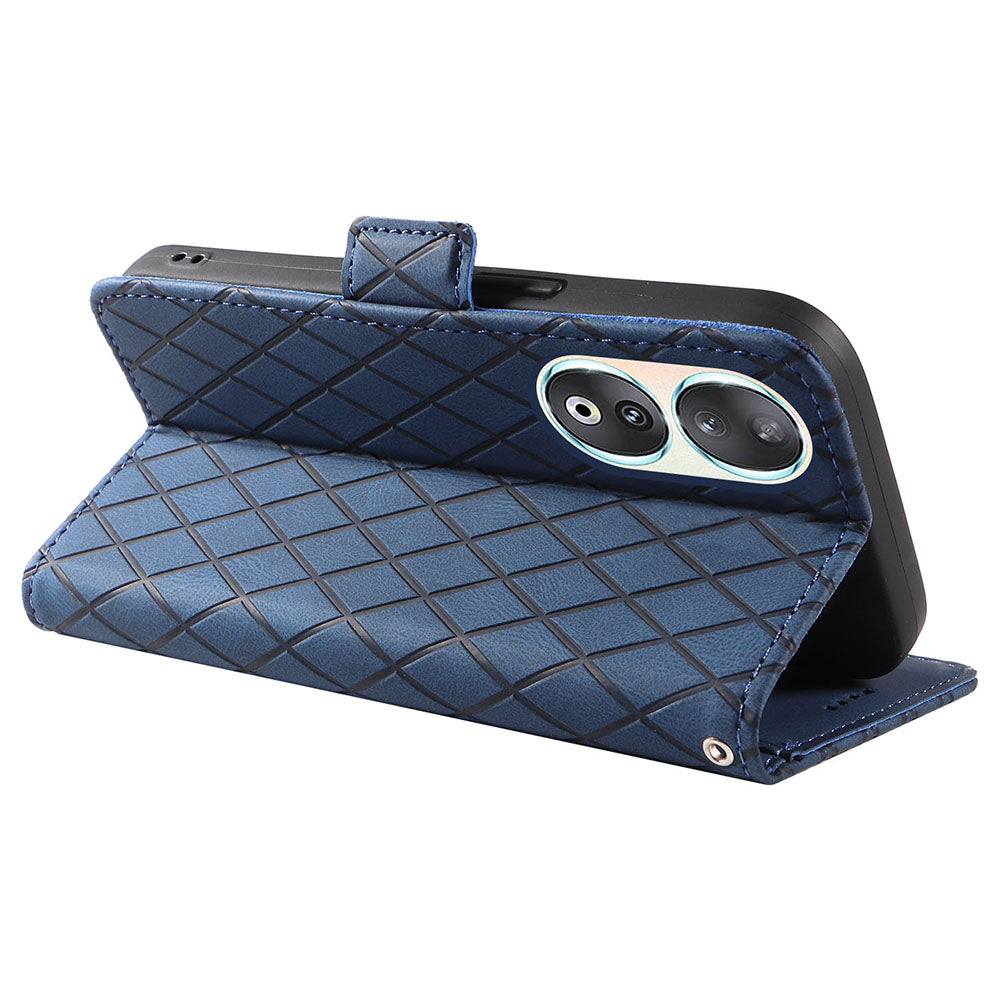 For Honor 90 Splicing PU Leather Phone Case Rhombus Imprinted Flip Stand Wallet Cover