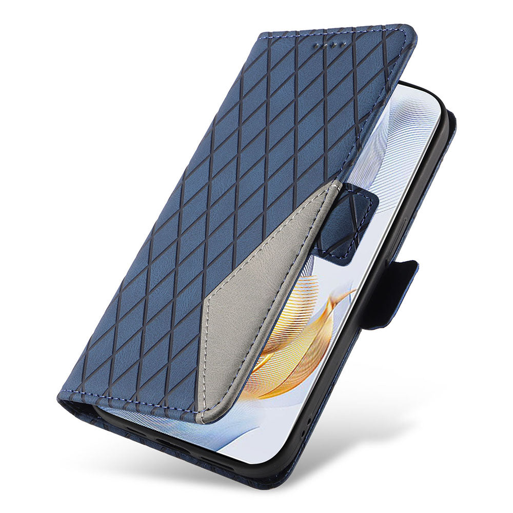For Honor 90 Splicing PU Leather Phone Case Rhombus Imprinted Flip Stand Wallet Cover
