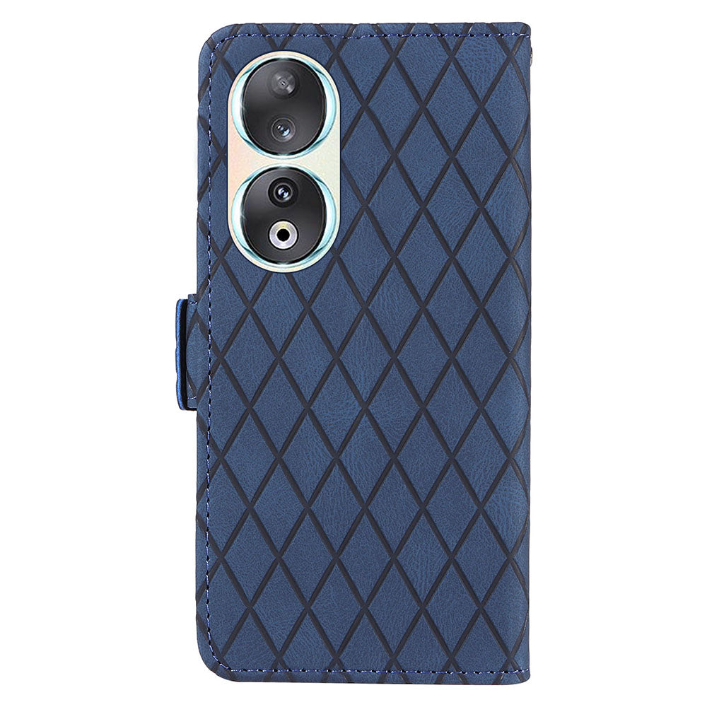 For Honor 90 Splicing PU Leather Phone Case Rhombus Imprinted Flip Stand Wallet Cover