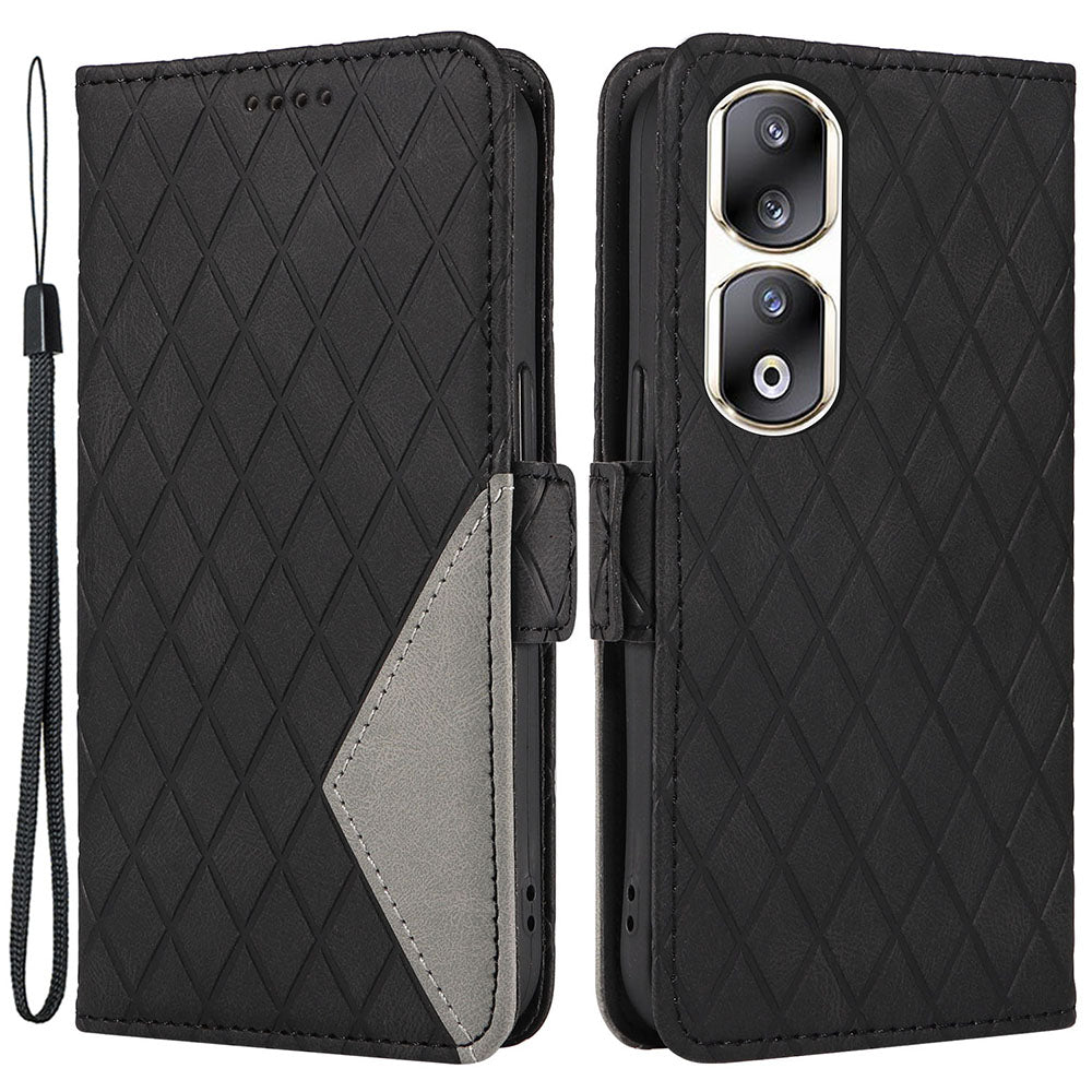 For Honor 90 Pro Rhombus Imprinted Cover Splicing Leather Stand Wallet Phone Case