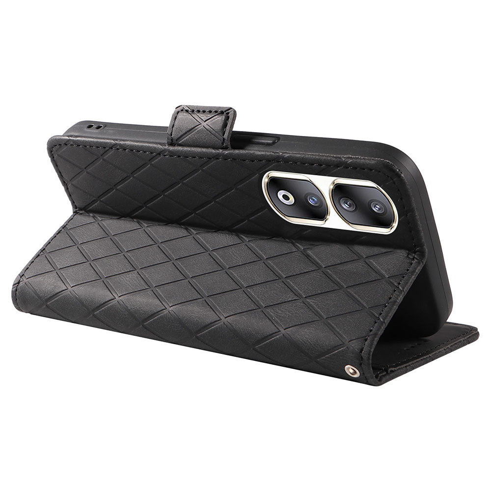 For Honor 90 Pro Rhombus Imprinted Cover Splicing Leather Stand Wallet Phone Case