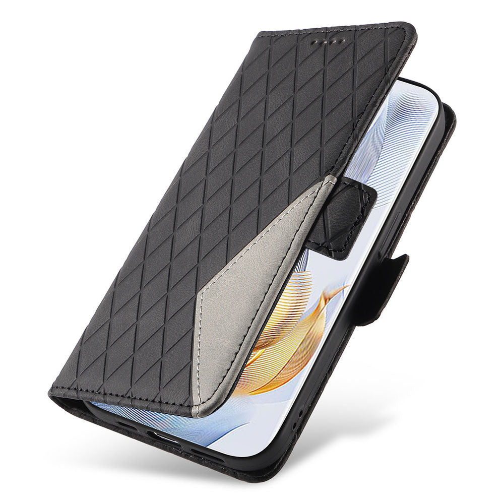 For Honor 90 Pro Rhombus Imprinted Cover Splicing Leather Stand Wallet Phone Case
