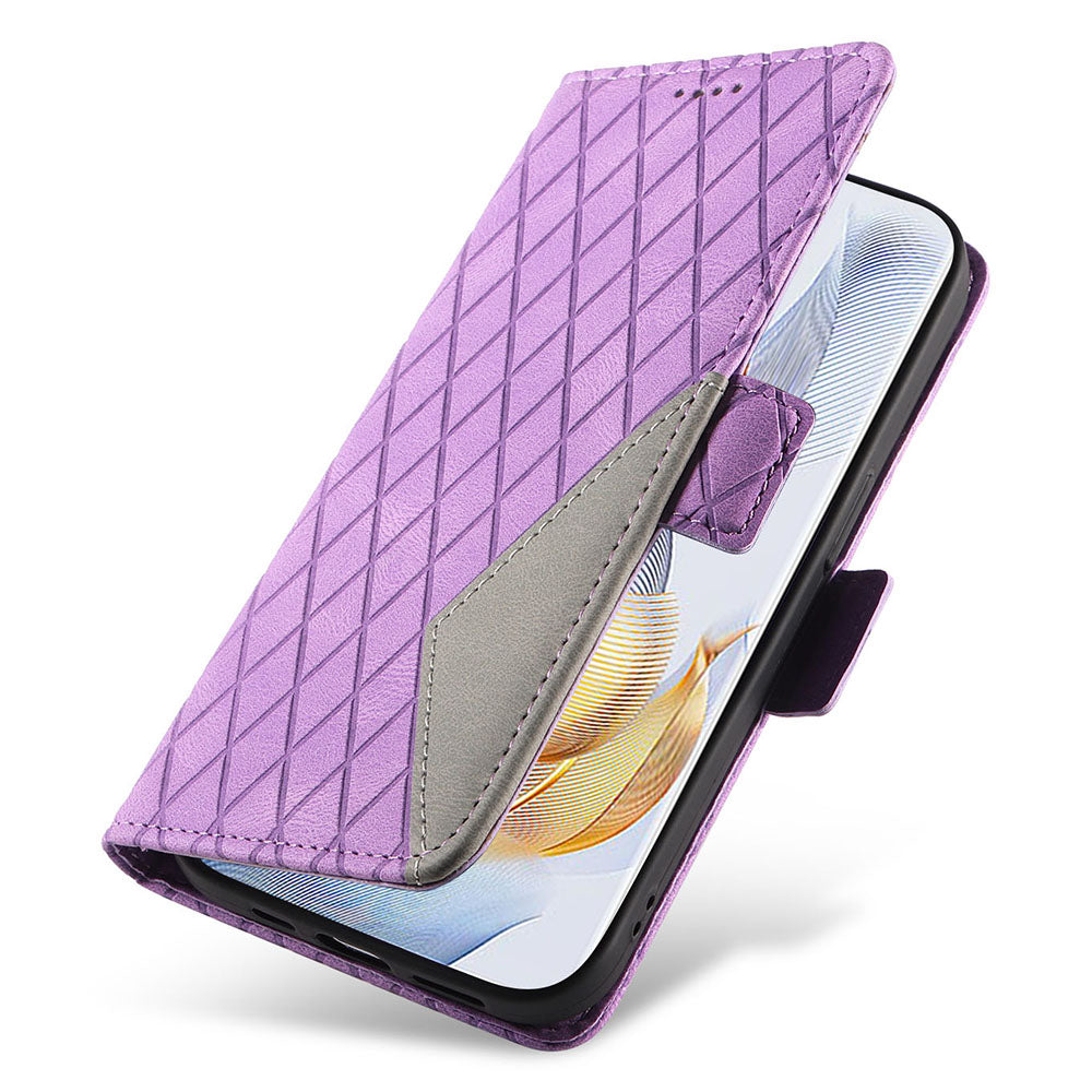For Honor 90 Pro Rhombus Imprinted Cover Splicing Leather Stand Wallet Phone Case