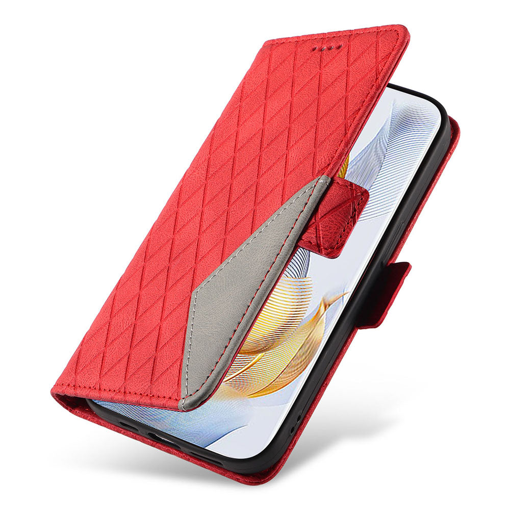 For Honor 90 Pro Rhombus Imprinted Cover Splicing Leather Stand Wallet Phone Case